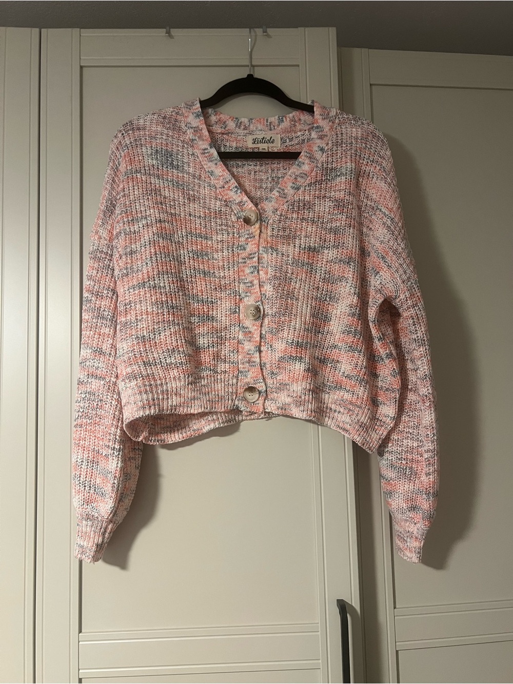 Stitched Pink Multicolor V-Neck Button Cardigan Sweater -